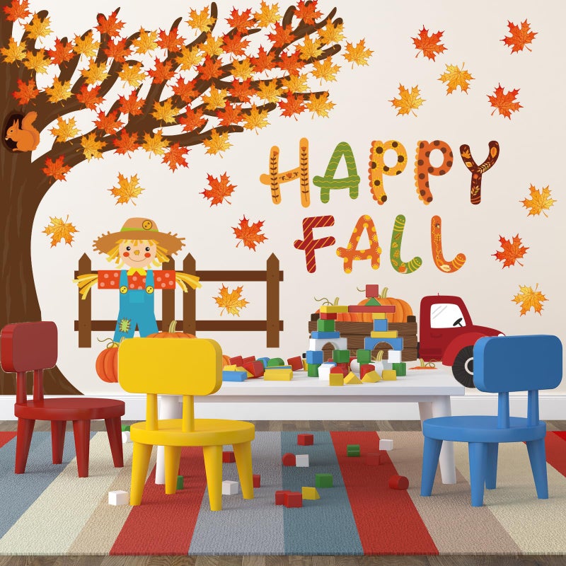 Whaline 100Pcs Happy Fall Bulletin Board Decorations Fall Tree Maple Leaf Pumpkin Scarecrow Cutouts Thanksgiving Autumn Classroom Decor with Glue Points for Home School Chalkboard Wall Decor - Image 5